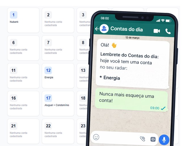 Calendário com contas por dia de vencimento e celular mostrando lembrete do Contas do dia no WhatsApp